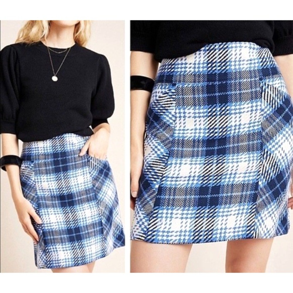 MAEVE Anthropologie TWEED Zip SIDE POCKETS Blue PLAID MINI PENCIL SKIRT Sz 4